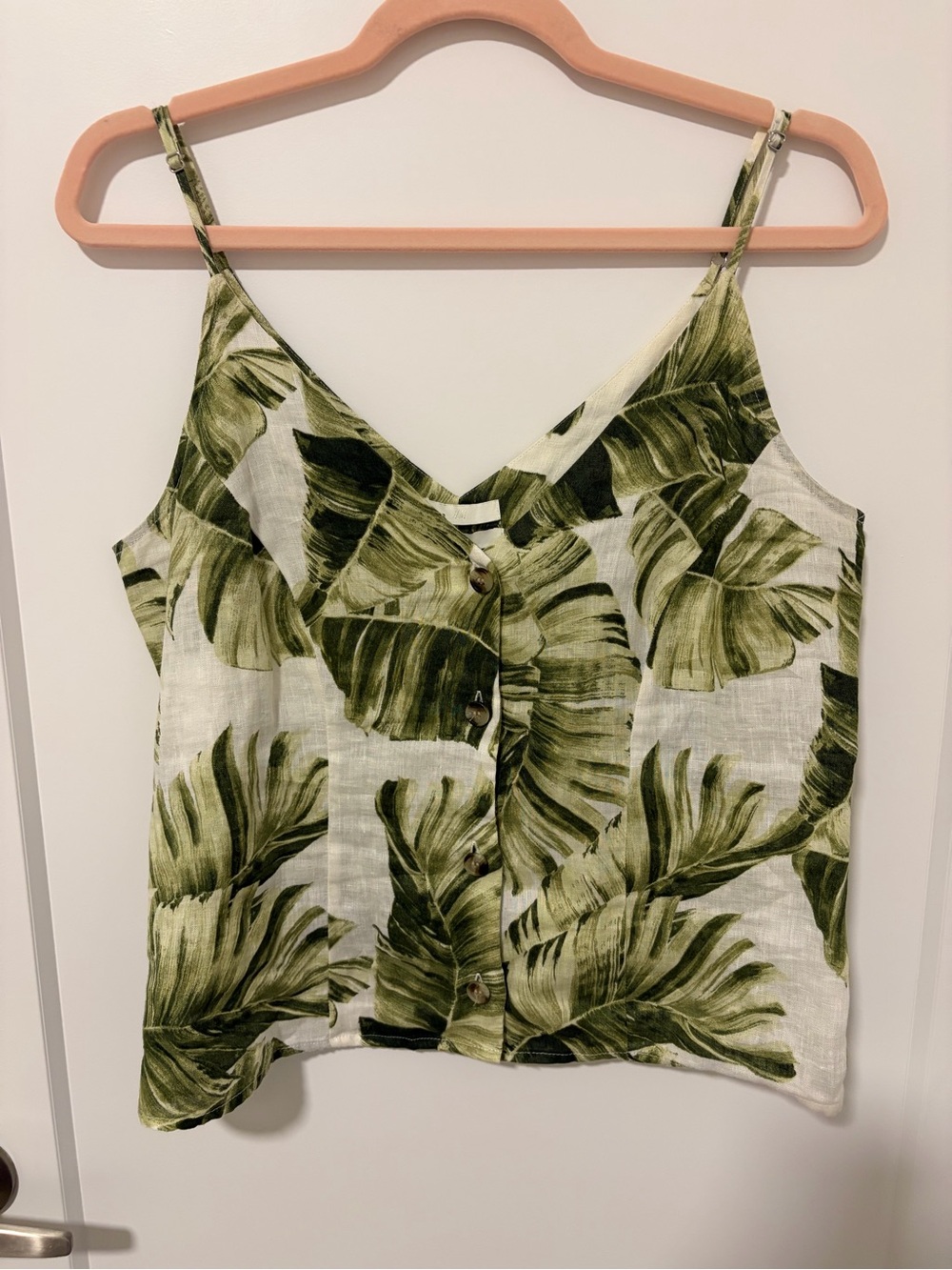 H&M Tropical Leaf Button-Front Linen Cami - Green